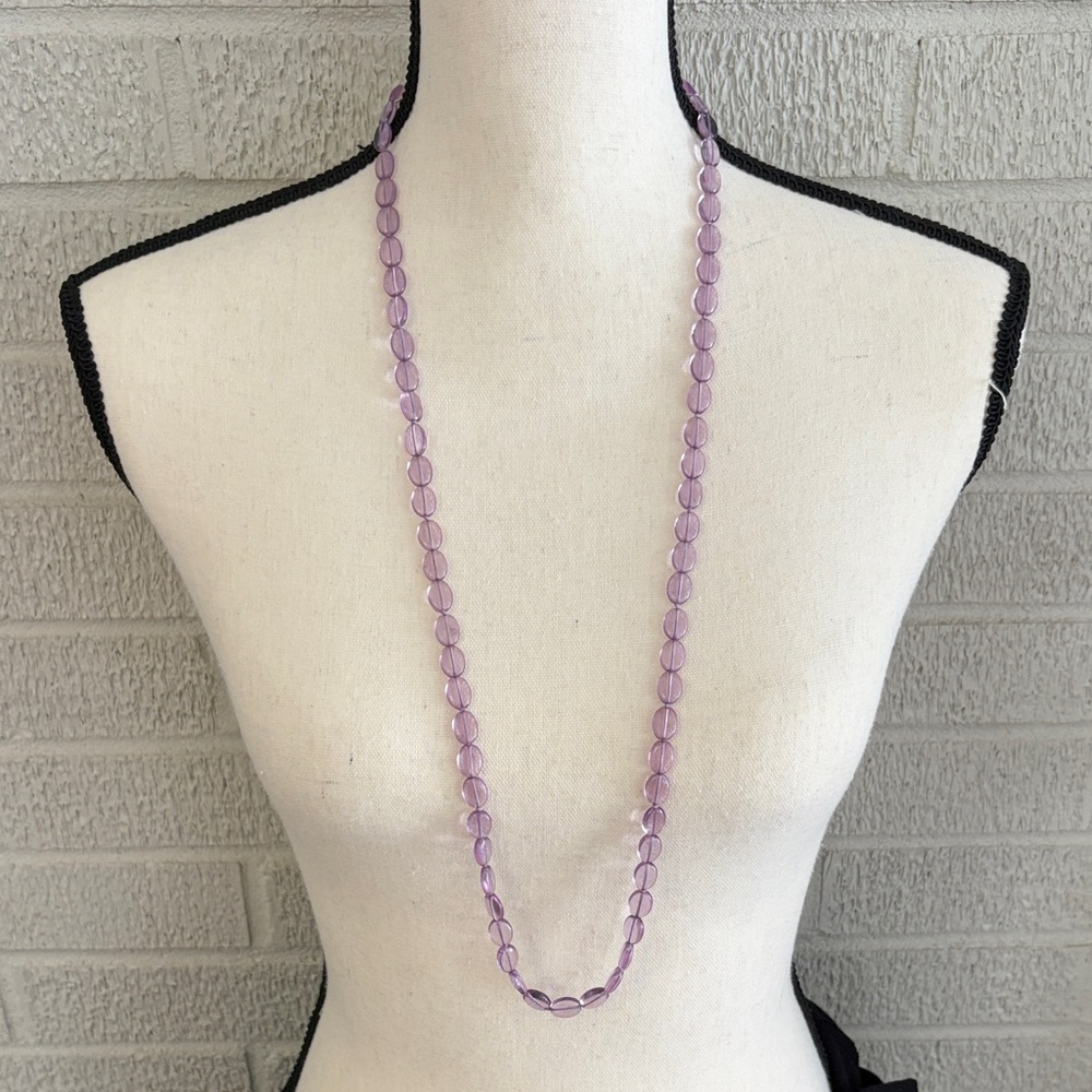 Set of 2 Long Necklaces Green and Purple Oval Glass Beads Strand Over the Head - Picture 3 of 7